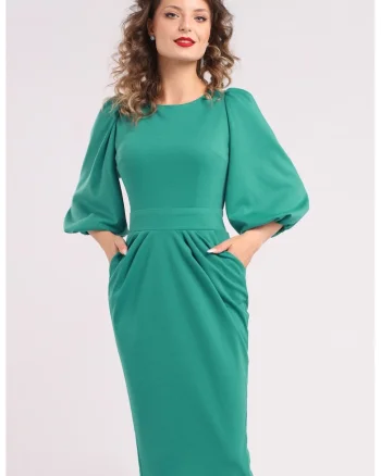Rochie cu croiala creion si maneci bufante, Verde