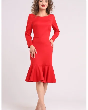 Rochie midi cu terminatie cu volane, Rosu