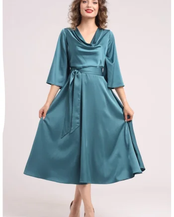 Rochie din satin cu decolteu drapat, Verde persan
