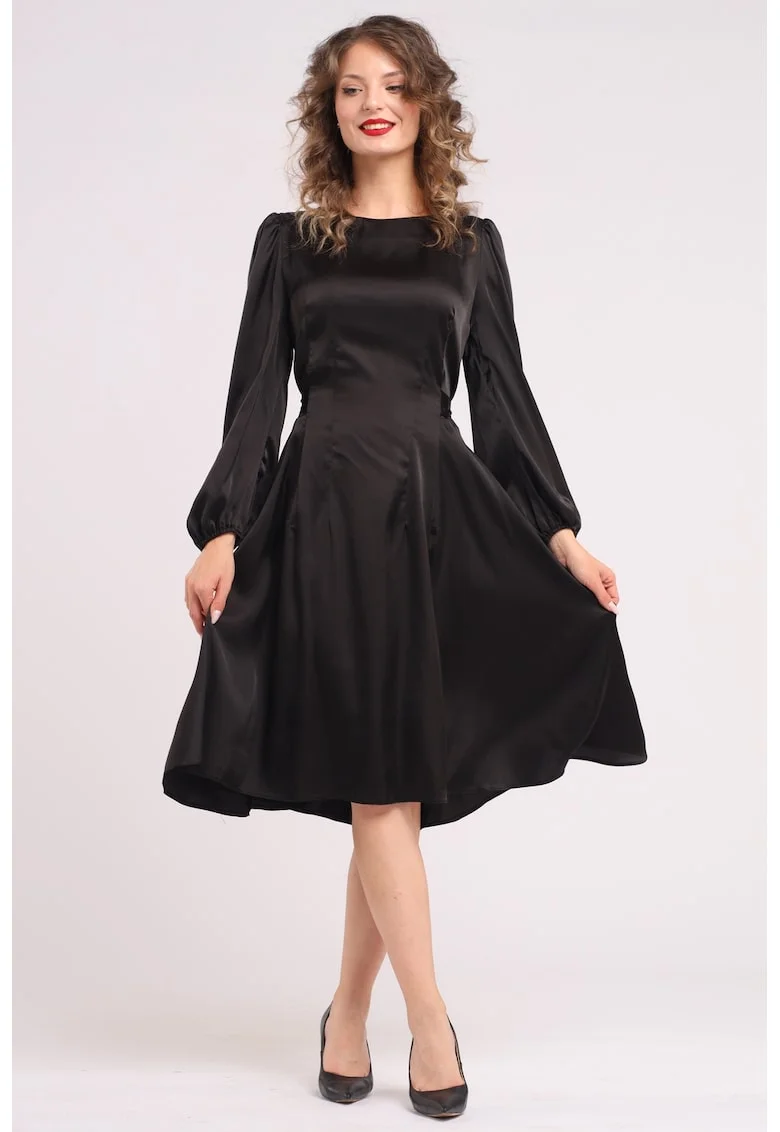 Rochie midi din matase cu croiala evazata, Negru