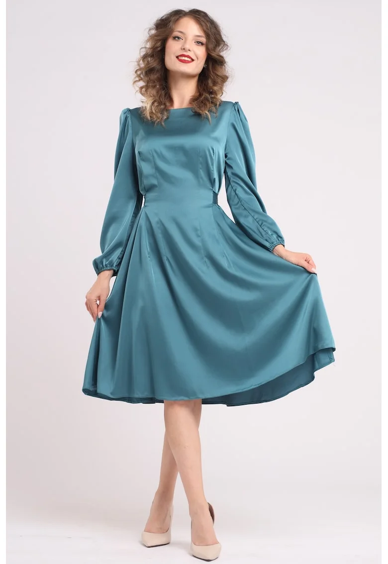 Rochie midi din matase cu croiala evazata, Albastru petrol