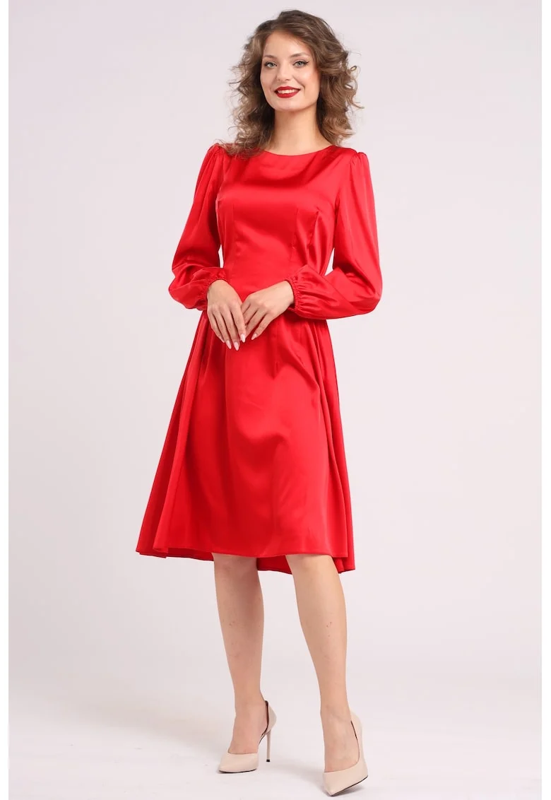 Rochie midi din matase cu croiala evazata, Rosu vermillion