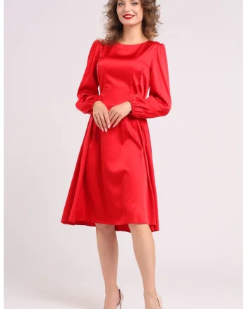 Rochie midi din matase cu croiala evazata, Rosu vermillion