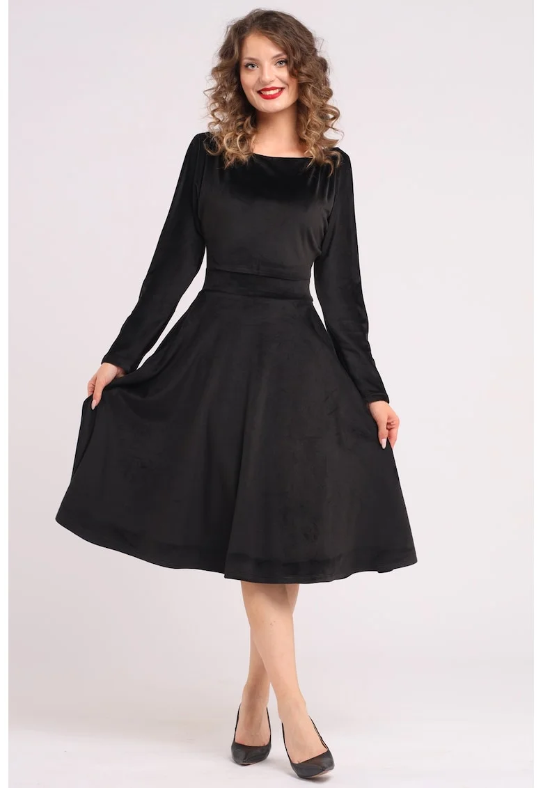 Rochie midi cu aspect de catifea, croiala evazata si buzunare laterale, Negru