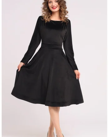 Rochie midi cu aspect de catifea, croiala evazata si buzunare laterale, Negru