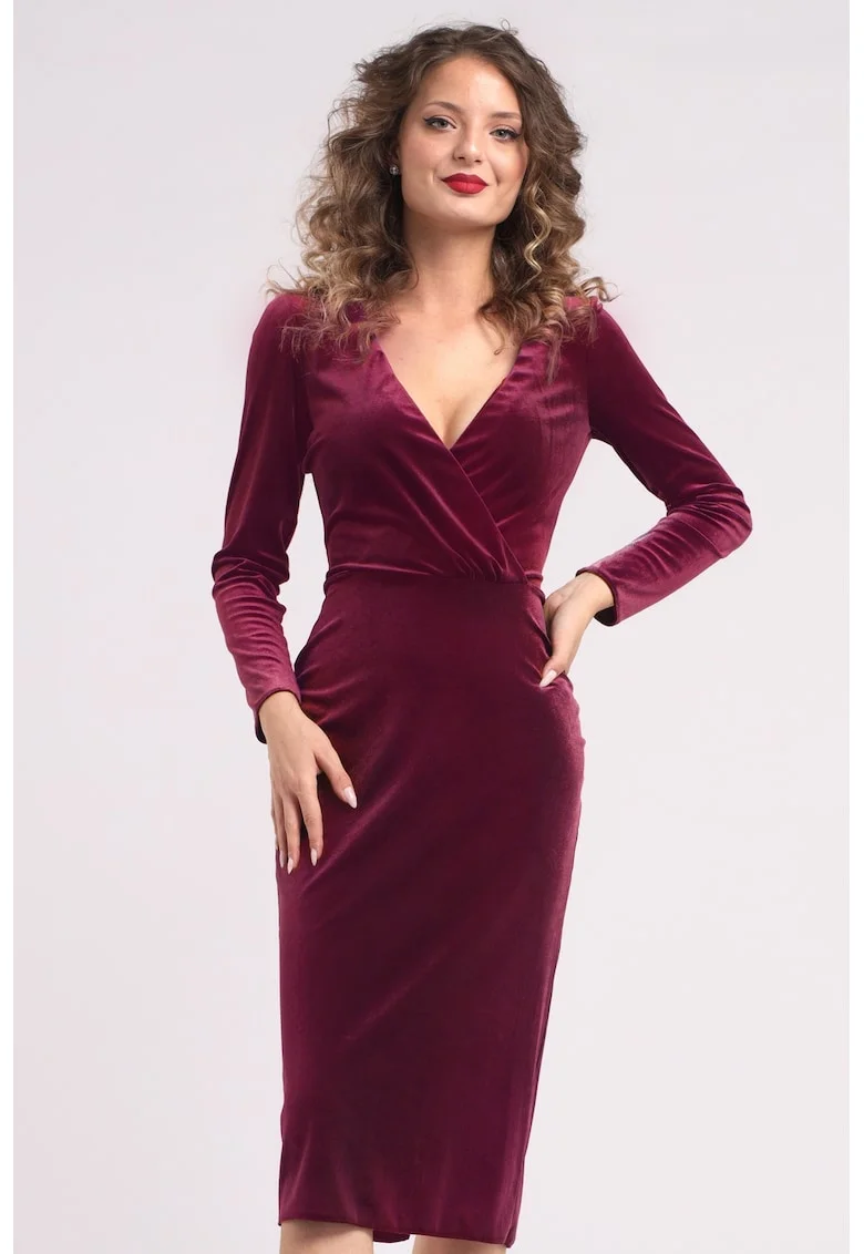 Rochie midi cu aspect de catifea, croiala cambrata si decolteu in V, Visiniu