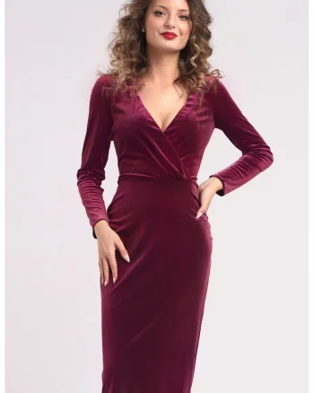 Rochie midi cu aspect de catifea, croiala cambrata si decolteu in V, Visiniu