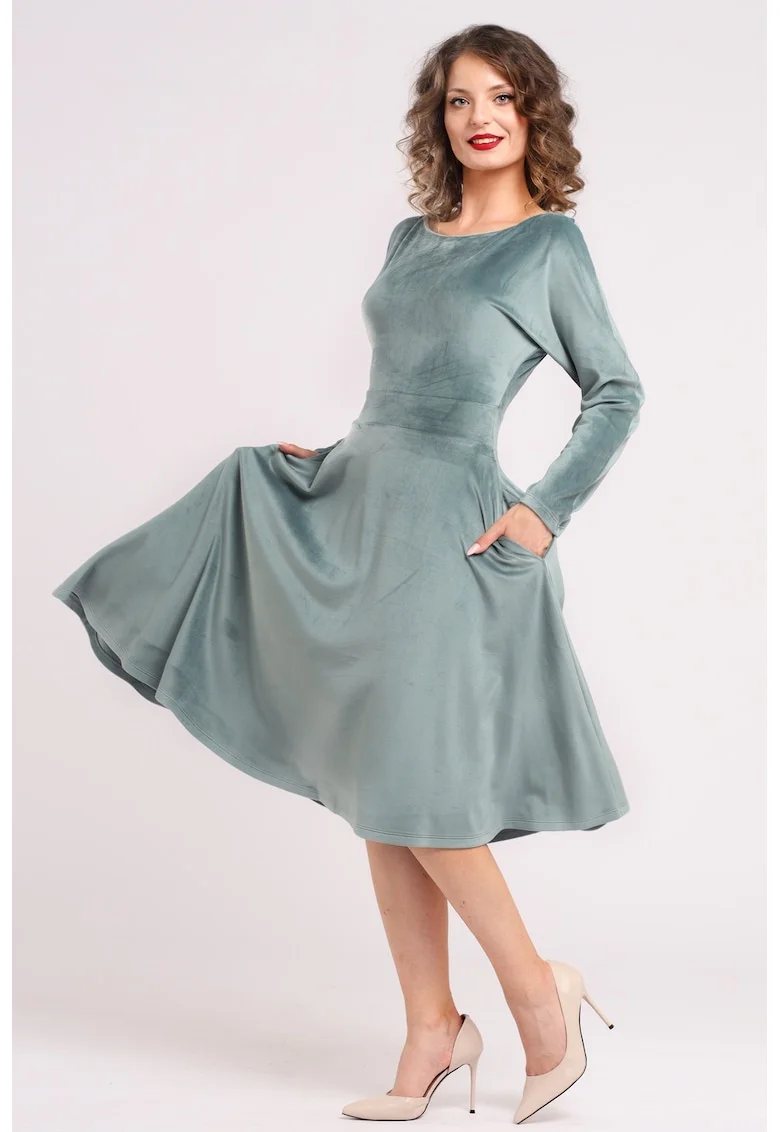 Rochie midi cu aspect de catifea, croiala evazata si buzunare laterale, Gri cenusiu
