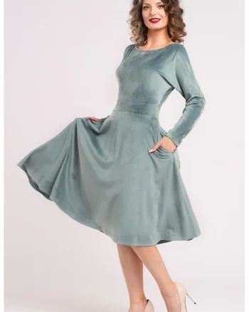 Rochie midi cu aspect de catifea, croiala evazata si buzunare laterale, Gri cenusiu