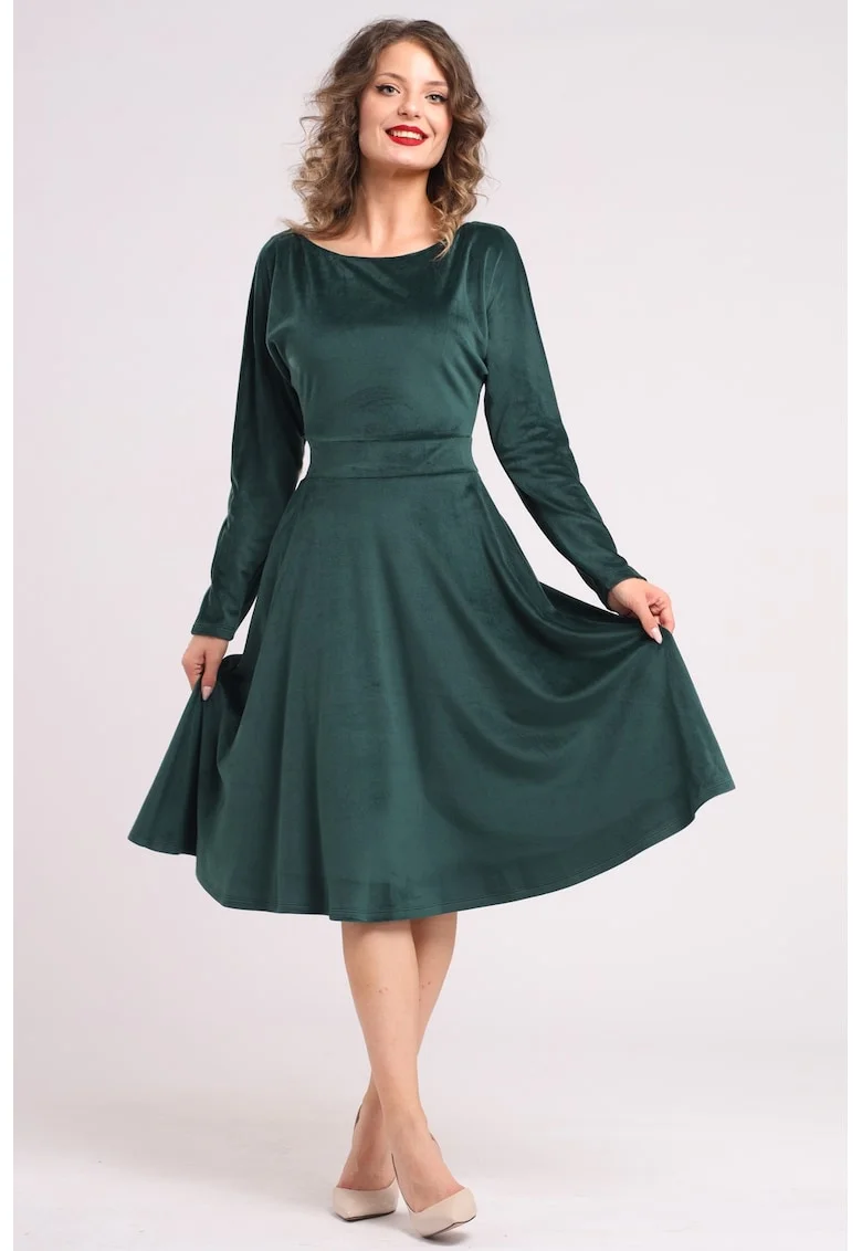 Rochie midi cu aspect de catifea, croiala evazata si buzunare laterale, Verde inchis