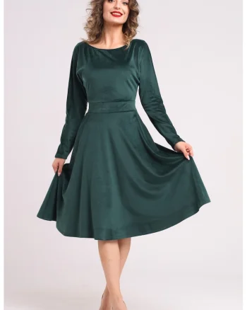 Rochie midi cu aspect de catifea, croiala evazata si buzunare laterale, Verde inchis
