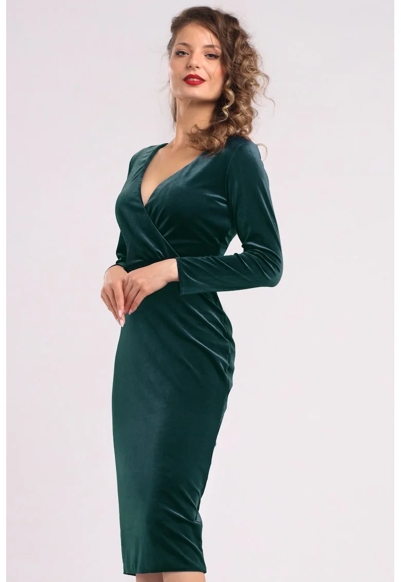 Rochie midi cu aspect de catifea, croiala cambrata si decolteu in V, Verde