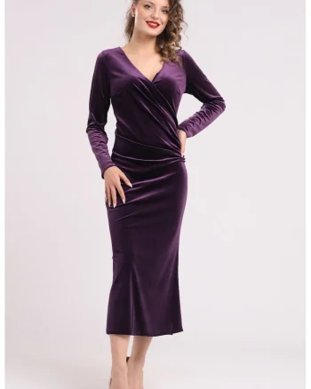 Rochie midi cu aspect de catifea si decolteu cache-coeur, Violet