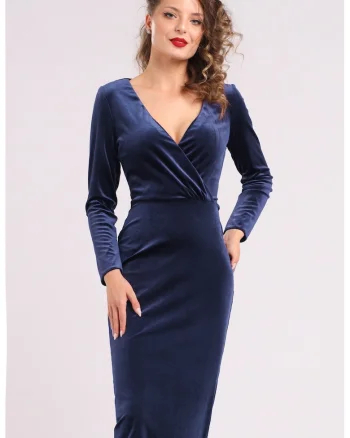 Rochie midi cu aspect de catifea, croiala cambrata si decolteu in V, Bleumarin