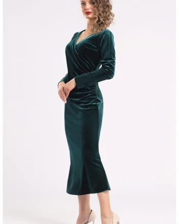 Rochie midi cu aspect de catifea si decolteu cache-coeur, Verde