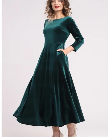 Rochie cu aspect de catifea si buzunare laterale, Verde