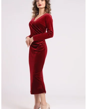 Rochie midi cu aspect de catifea si decolteu cache-coeur, Visiniu