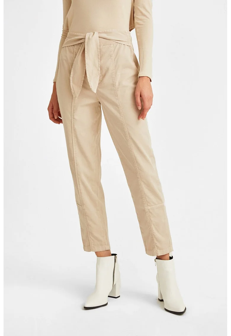 Pantaloni crop cu croiala dreapta si cordon in talie, Bej