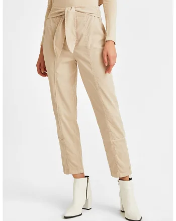 Pantaloni crop cu croiala dreapta si cordon in talie, Bej