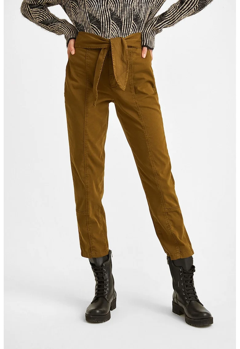 Pantaloni crop cu croiala dreapta si cordon in talie, Caramel