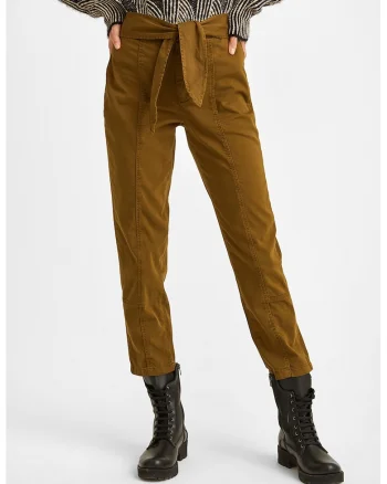 Pantaloni crop cu croiala dreapta si cordon in talie, Caramel