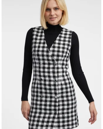 Rochie-sacou scurta cu model in carouri, Alb/Negru