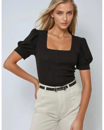 Bluza dama,  texturata, guler patrat, negru, bumbac