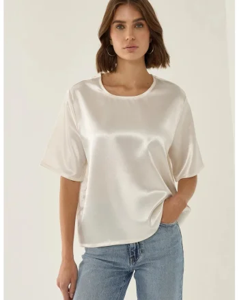 Tricou dama,  bumbac satinat, decolteu rotund, alb