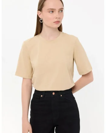 Tricou Basic,  maneca scurta, guler rotund, bej, bumbac