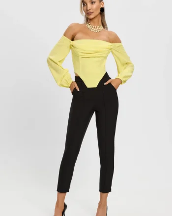 Bluza tip corset de culoare galbena cu maneci din tafta si inchidere la spate cu fermoar