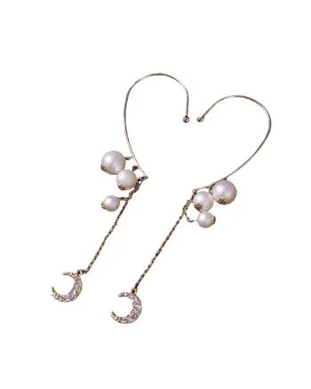 Cercei aurii, ear cuff, lungi, cu perle, Sissy C14,