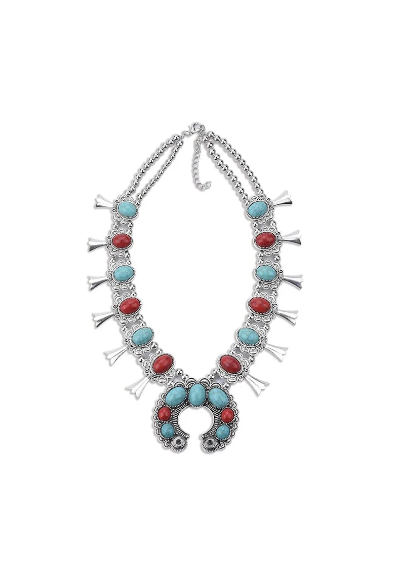 Colier argintiu, stil boho, cu pietre turquoise si rosii, Roxanna C6,