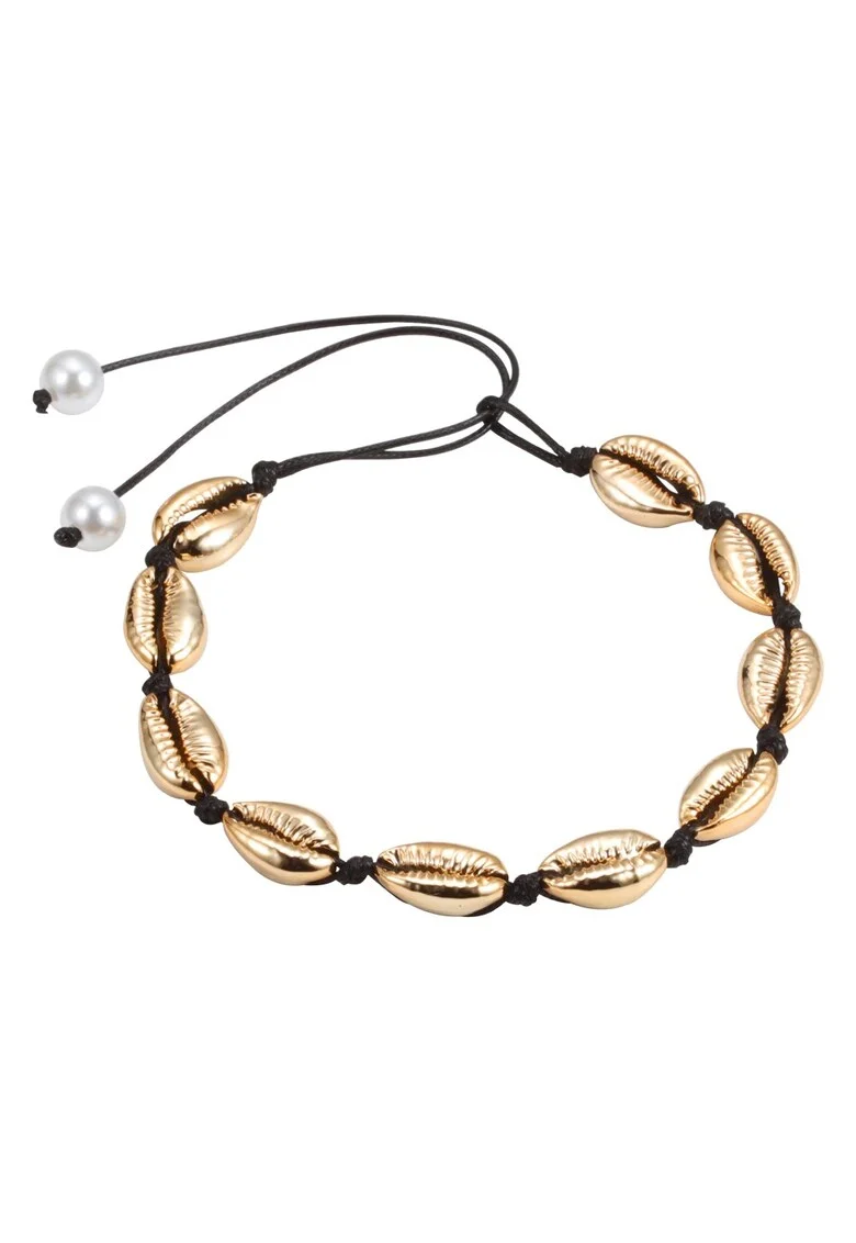 Colier cu scoici metalice, aurii, snur negru, ajustabil, Sanita C3,
