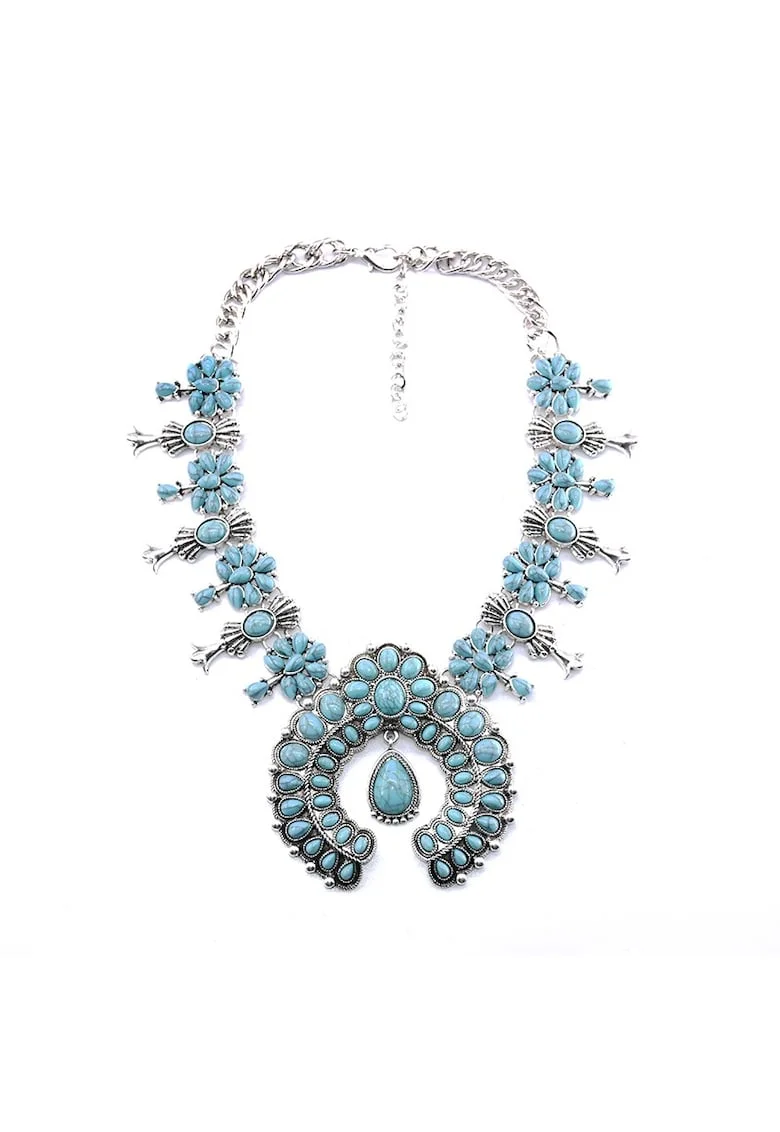 Colier argintiu, masiv, cu pietre turquoise, Hilvy C1,