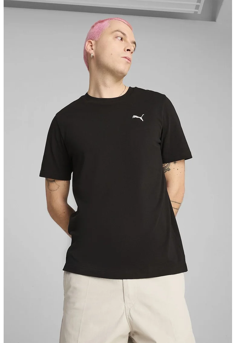 Tricou de bumbac cu decolteu la baza gatului, Negru