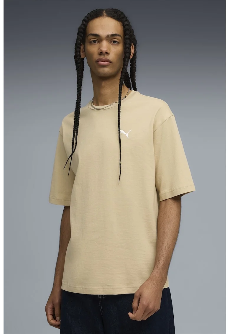 Tricou de bumbac cu decolteu la baza gatului, Bej
