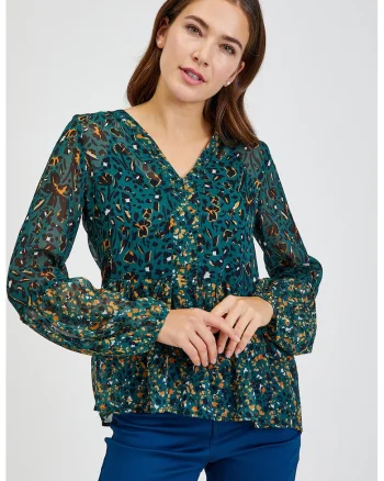 Bluza cu model si decolteu in V, Negru/Maro