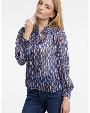 Bluza cu model geometric si funda din panglici, Bleumarin