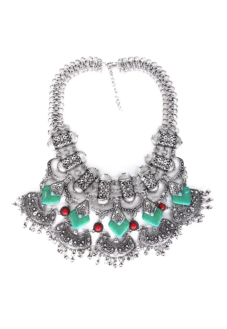Colier argintiu, masiv, cu pietre turquoise si rosii, Hilve C1,