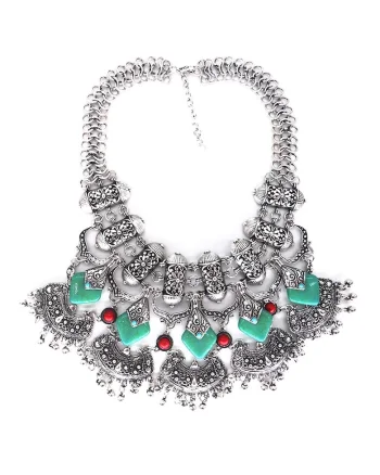 Colier argintiu, masiv, cu pietre turquoise si rosii, Hilve C1,