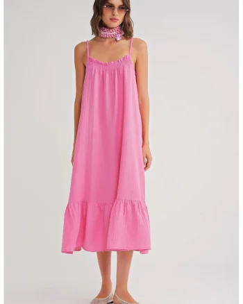 Rochie Midi HiCCUP, cu volan, roz pudrat, textil