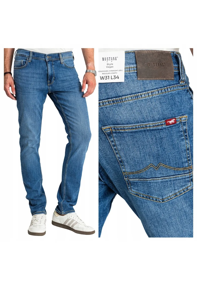 Blugi Barbati,  Vegas, Talie Medie, 100% Bumbac, Fermoar, Lungi, 5 Bunzuare, Albastru, Albastru