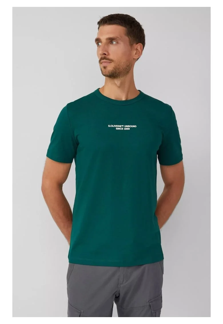 Tricou barbati, Regular fit cu decolteu la baza gatului si imprimeu cu text, Verde inchis