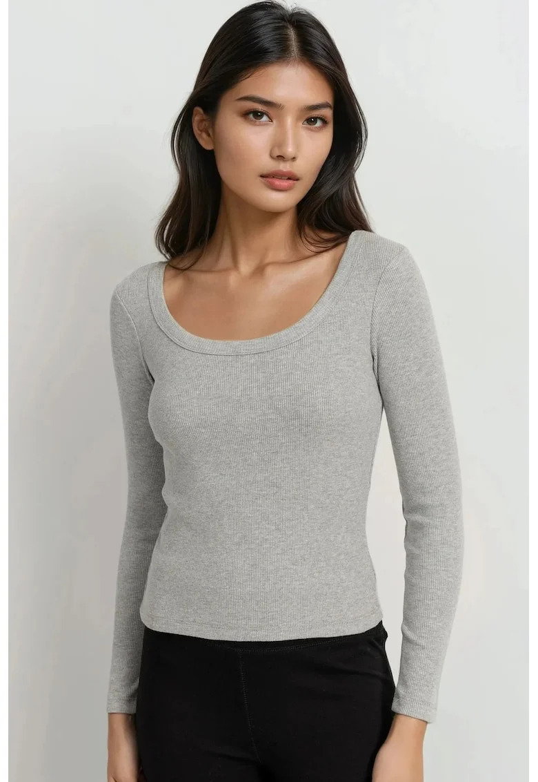Bluza dama,  tricou din amestec de bumbac, gri deschis, jerseu