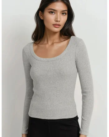 Bluza dama,  tricou din amestec de bumbac, gri deschis, jerseu