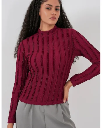 Bluza dama, HiCCUP, Bluza Texturata Slim Fit cu Guler Inalt, Rosu Burgundi, Jerseu