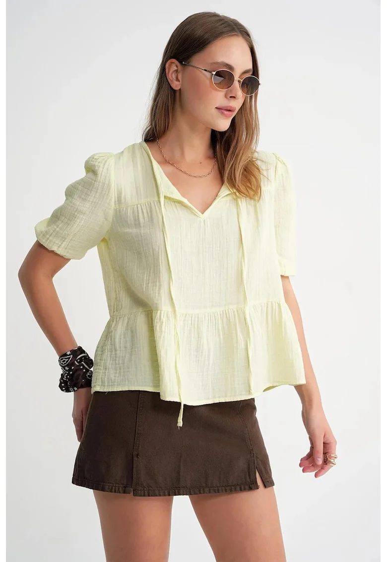 Bluza dama HiCCUP din muselina texturata, galben lamaie, bumbac, guler rotund