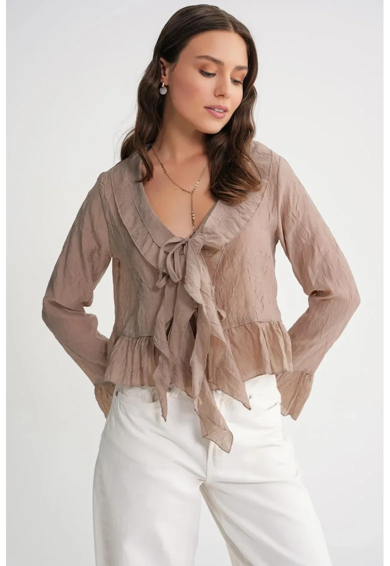 Bluza dama, HiCCUP, cu volane, decolteu in V, bej natural, tul