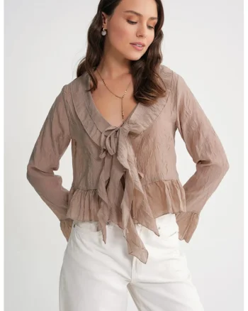 Bluza dama, HiCCUP, cu volane, decolteu in V, bej natural, tul