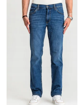 Blugi Barbati,  Tramper Straight, Talie Medie, 100% Bumbac, Fermoar, Lungi, 5 Bunzuare, Albastru, Albastru